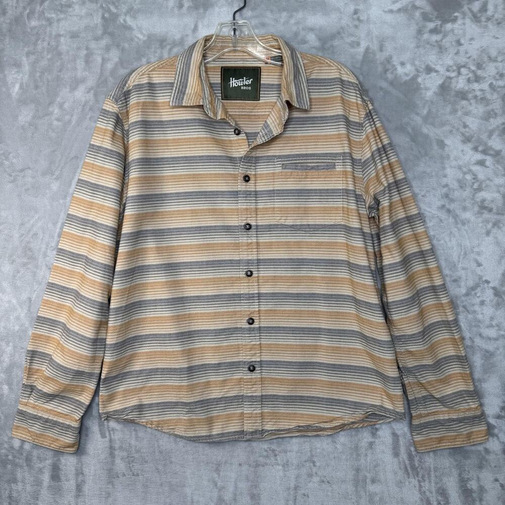 Howler Bros Shirt Mens Medium Tan Gray Striped Button Up Long Sleeve Cotton